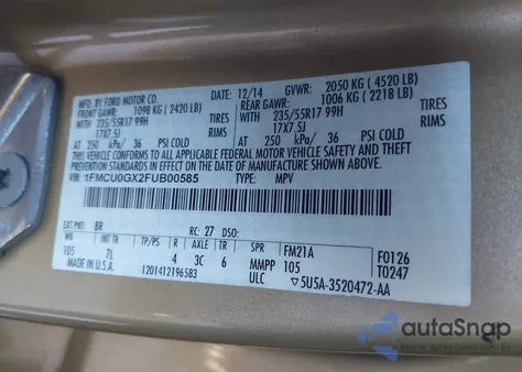 2015 Ford Escape Se from USA, damaged, VIN 1FMCU0GX2FUB00585